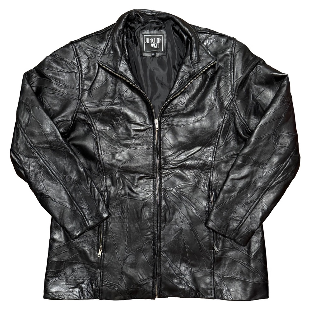 Junction West Black Quilted Leather Bomber Full Zip Jacket XL Retro Western